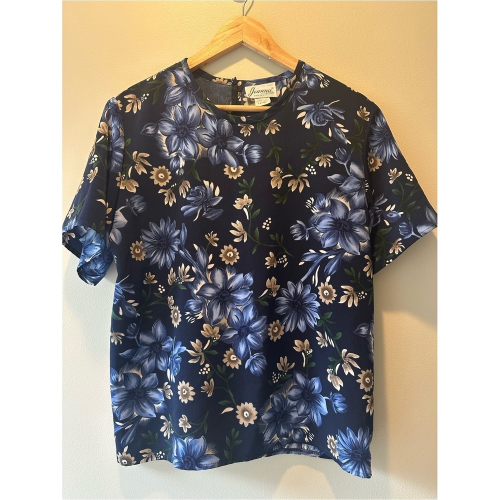 Cottagecore Vintage‎ Joanna Floral Blouse Large Navy Blue Short Sleeve Crew Neck